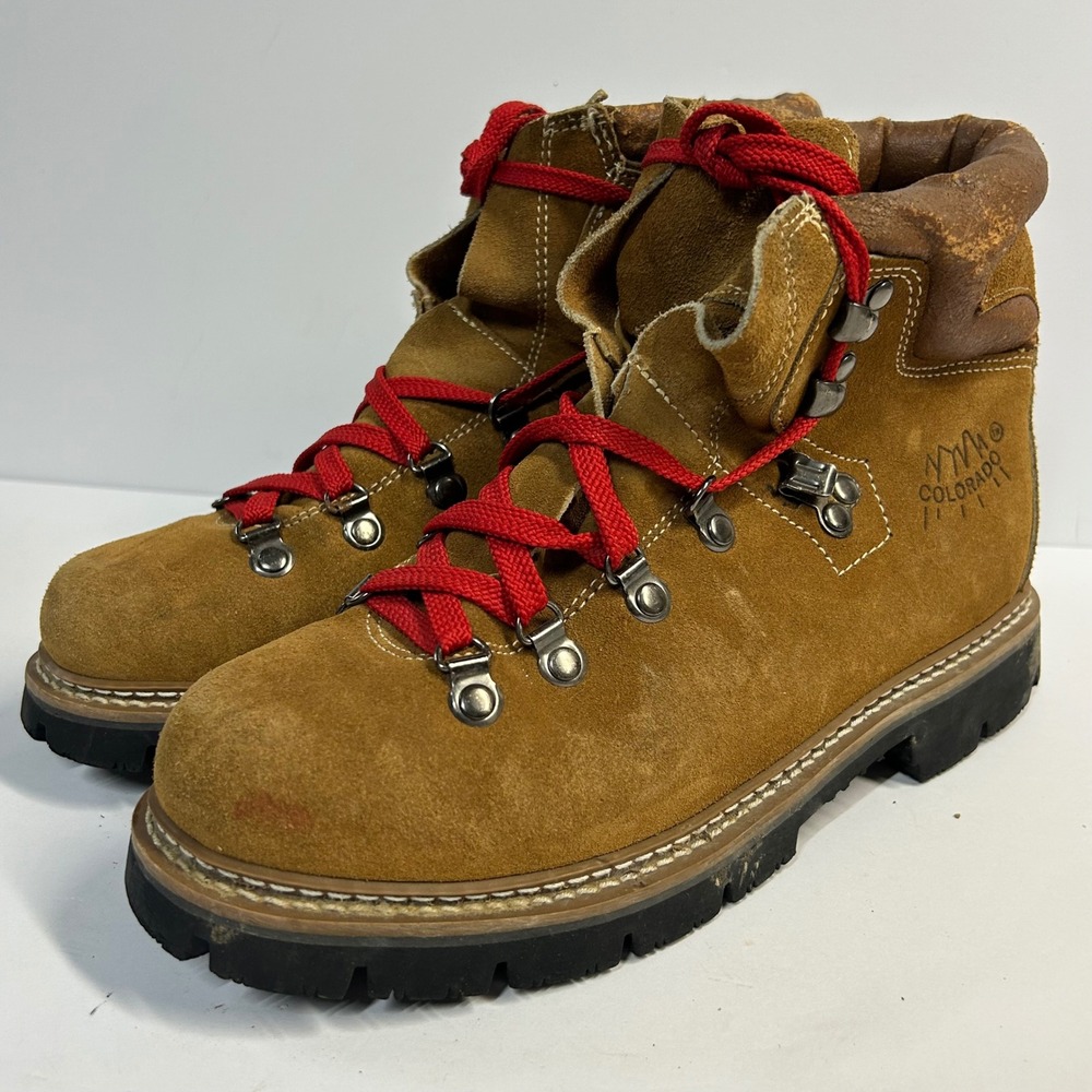 Colorado Vintage Hiking Boots Tan Suede Red Laces Women Size 8 Gorpcore Retro